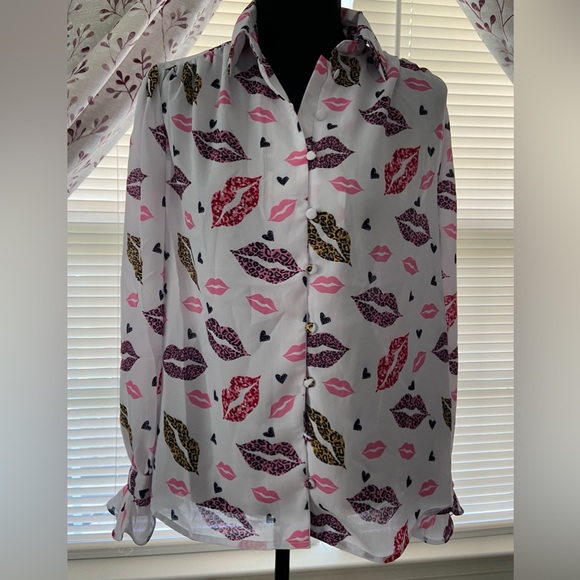 New York & Company Tops - New York & Company - Lip-Print Bow-Neck Long-Sleeve Blouse (NWT)